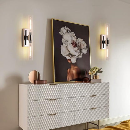 Bathroom Vanity Light Fixtures, Glass Tube Wall Sconces Set of 2, Nickel coloured base, Bathroom Wall Lights, Bedroom Bedside Wall Light, Wall Lamp For Dressing Table, Living Room, And Hallway
