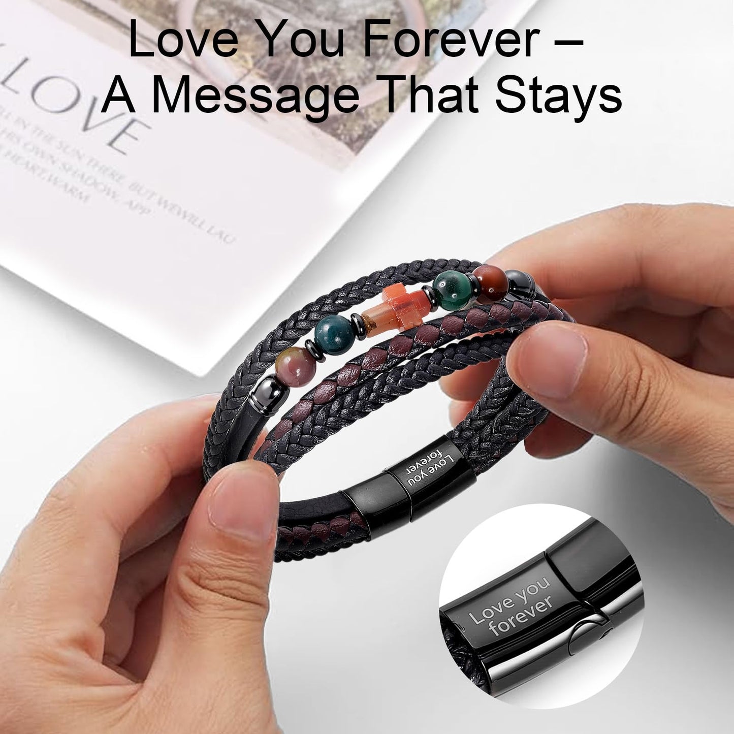 ICEINX Vintage Braided Leather Wrap Bracelet with Natural Indian Agate Stones, Religious Christian Jewelry Gift for Him（Agate Stones）