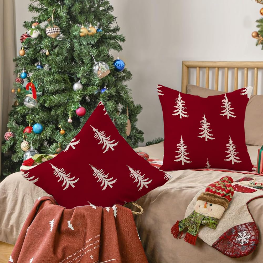 RABUSOFA Christmas Pillow Covers 18x18 inch Set of 2 Indoor Outdoor Waterproof Red Christmas Decor Tree Decorative Throw Cushion Cases Winter Xmas Holiday Decoration for Couch Patio