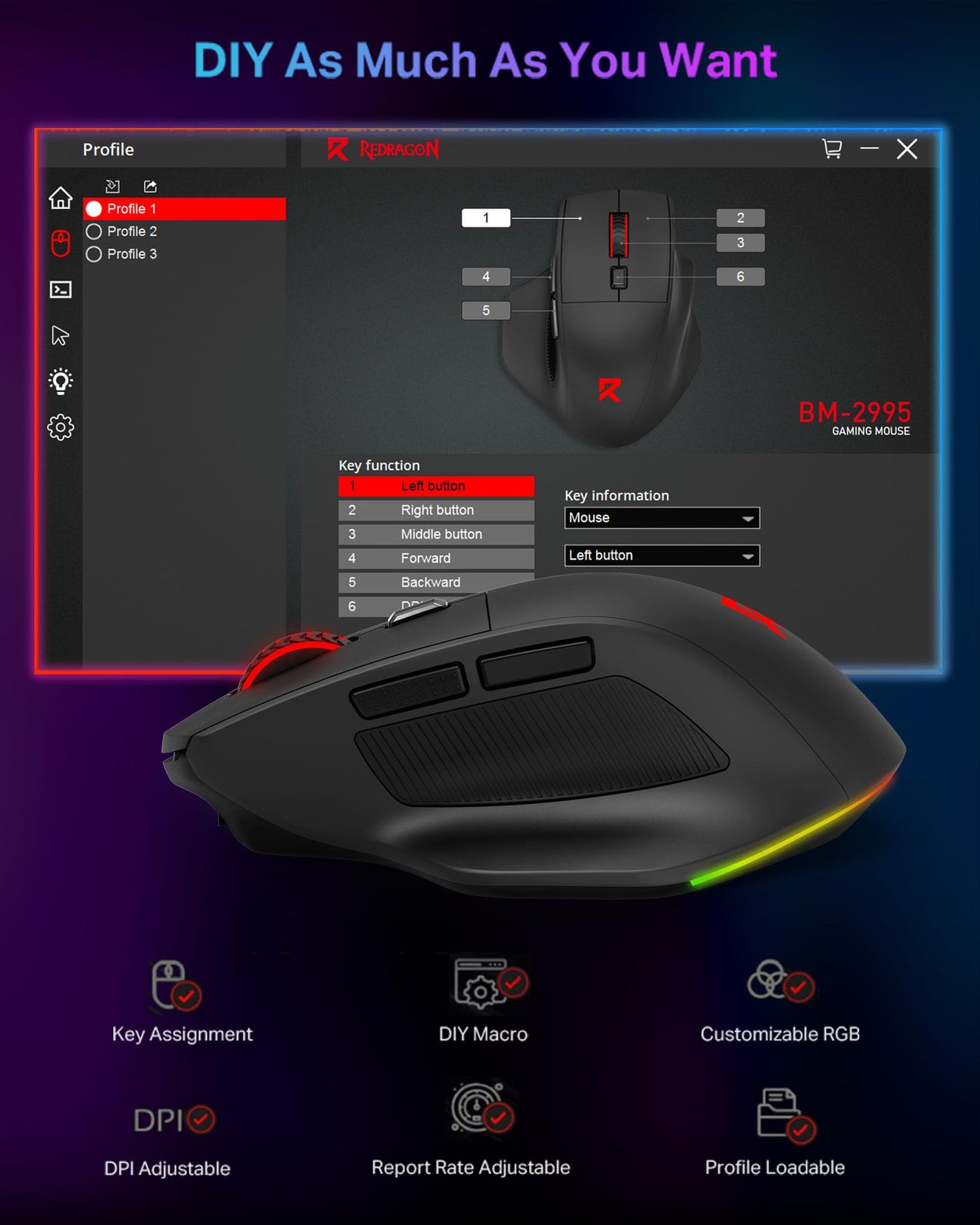Redragon Large Wireless Gaming Mouse for Big Hands, Tri-Modes 2.4G/Bluetooth/Wired Rechargeable Ergo RGB Mouse with 2 Side Buttons, 6 Backlit Modes, Programmable Macro Gamer Mouse