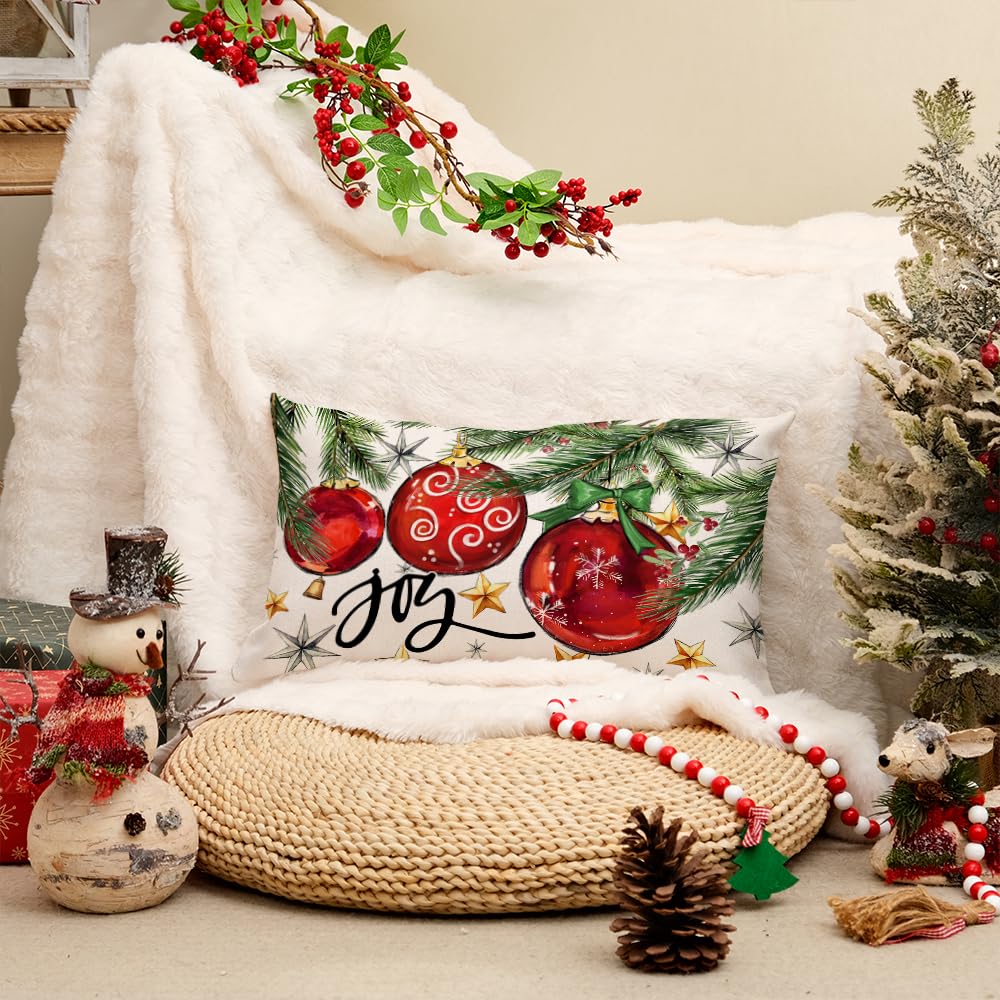 AACORS Christmas Pillow Cover 12X20 Inch Baubles Christmas Tree Stars Joy Decoration Holiday Farmhouse Winter Pillow Case for Sofa Couch Decor（Red） AA613-12