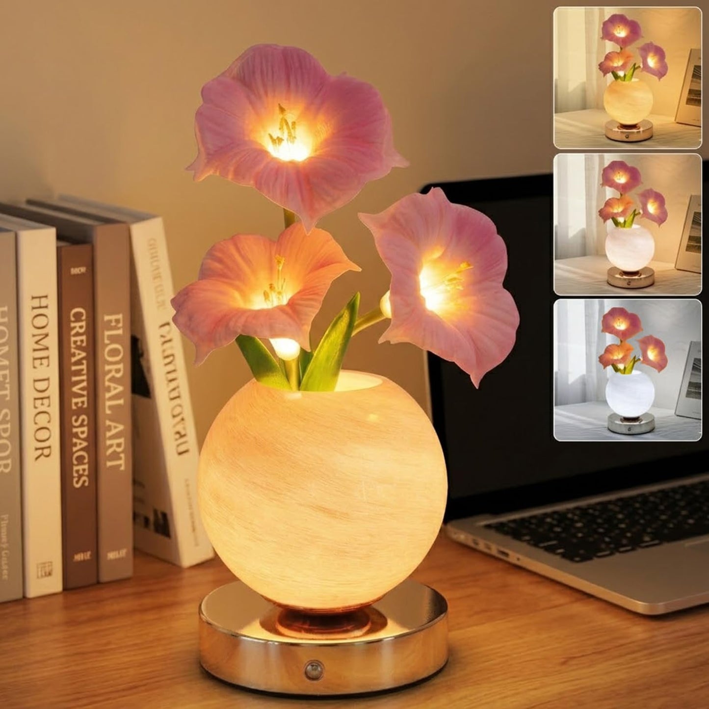Strackvial Flower Table Lamp, Rechargeable Cordless Touch Dimming Artificial Morning Glory Flower Desk Lamp, LED Flower Bedside Night Light Romantic Gifts for Girl Women Mom (Pink Morning Glory)