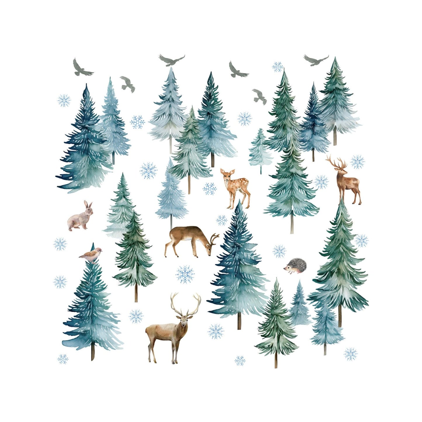 MuralMood Large Christmas Tree Wall Stickers， Pine Tree Forest Deer Elk Kids Bedroom Holiday Decor，Xmas Snowflakes Woodland Animals Birch Birds for Nursery Living Room Offices Home Bedroom