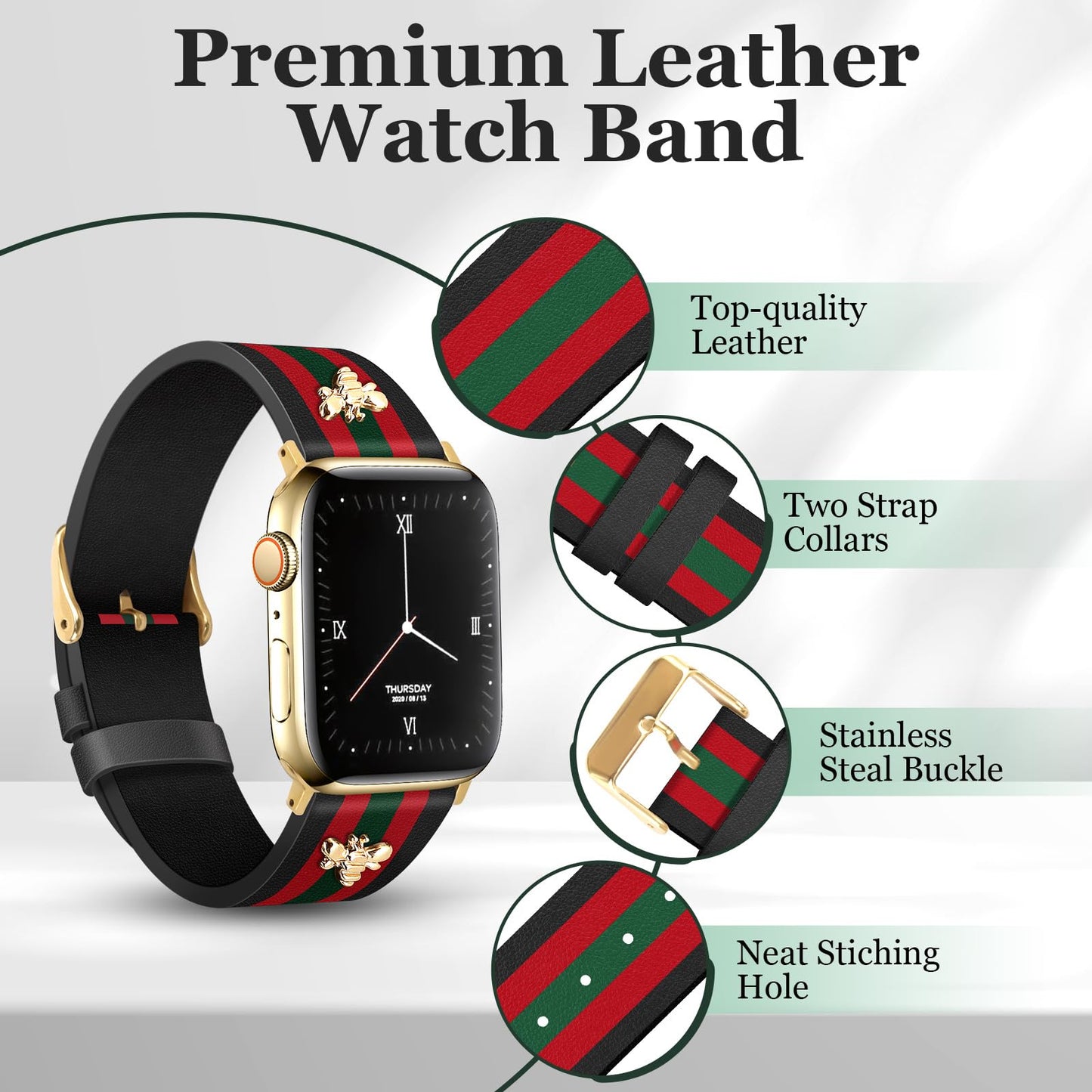 MOINSPIRE Designer Leather Bands with Charms Compatible with Apple Watch 38mm 40mm 41mm 42mm(S11/10) Women Men Genuine Leather Strap Elegant Wristbands for iWatch Series 11/10/9/8/7/6/5/3/2/1/SE/Ultra