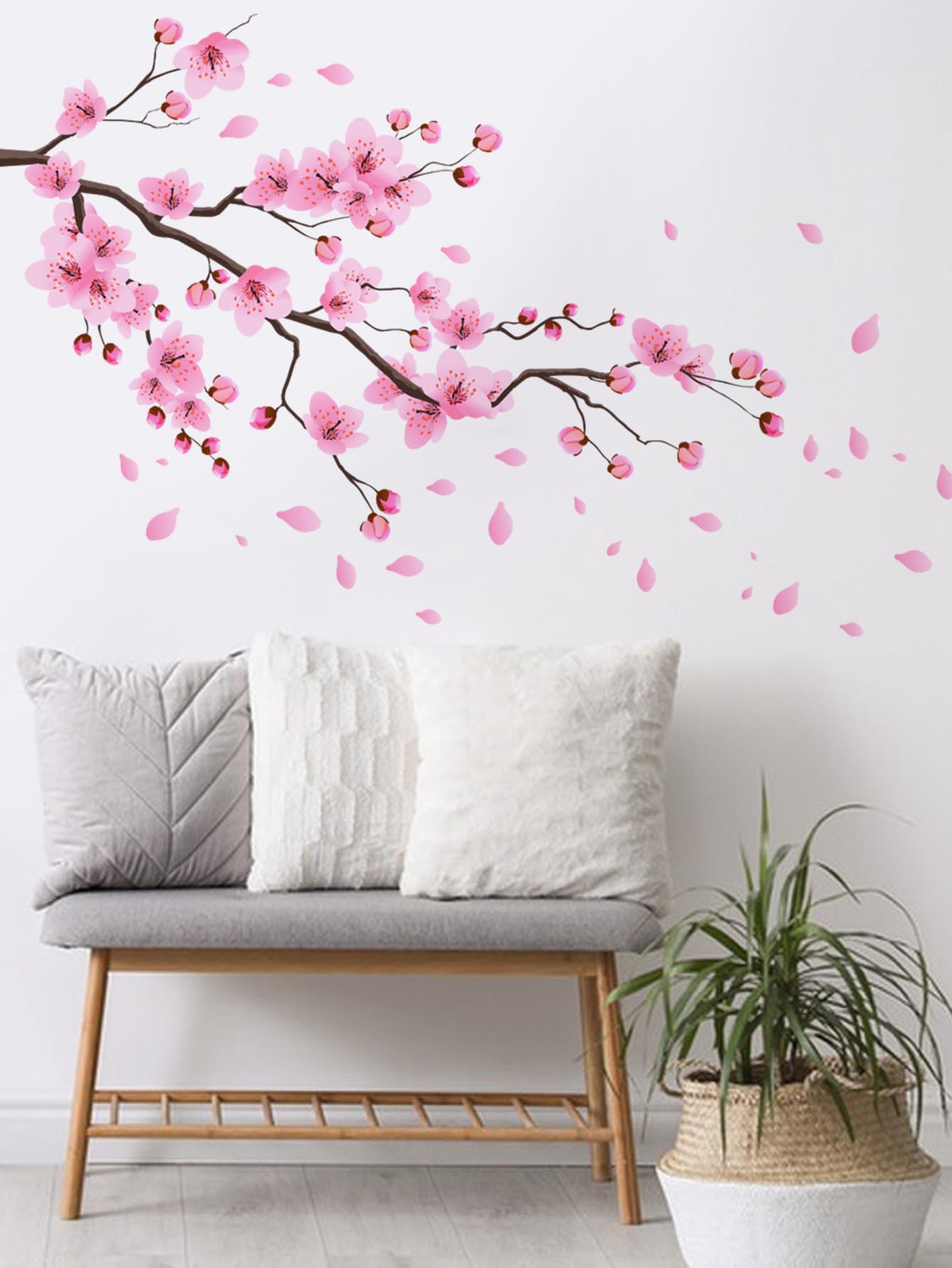 Cherry Blossom Wall Decals, Large Pink Floral Tree Branch with Birds Butterflies, Peel and Stick Removable Vinyl Wall Stickers for Living Room Bedroom Home Decor