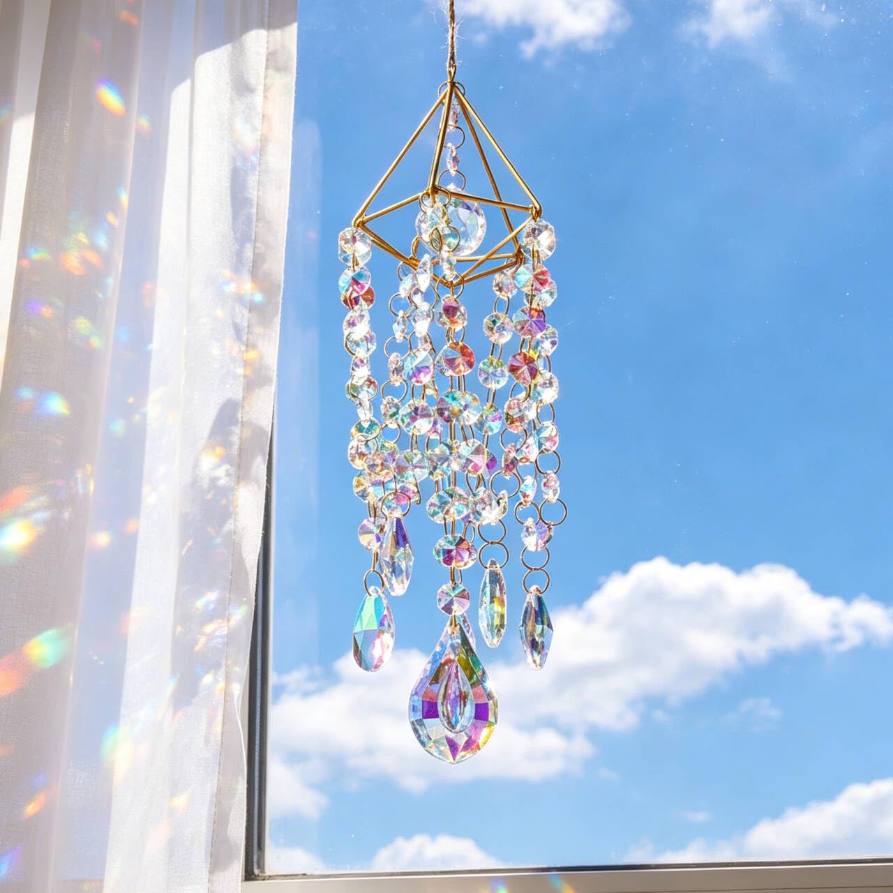 HDCRYSTALGIFTS Crystal Suncatchers for Window Hanging Glass Wind Chime Style Garden Sun Catchers with Crystals Prisms Rainbow Maker Indoor Outdoor Decor Handmade Gold Plated