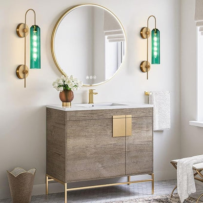 BOKT Modern Gold Wall Sconce Green Glass Hardwired Bedside Wall Light Fixtures Mid Century Long Metal Wall Sconce Single Hardwired Bathroom Bar Wall Lamp (Green)