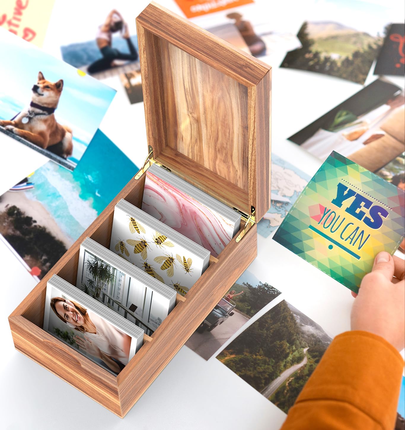 Neando 4’’x6’’ Index Card Holder, Acacia Index Card Box, Index Card Organizer Case, Wood Recipe Box with Dividers, 4 Compartments for 600 Cards, File Note Flash Card Holders