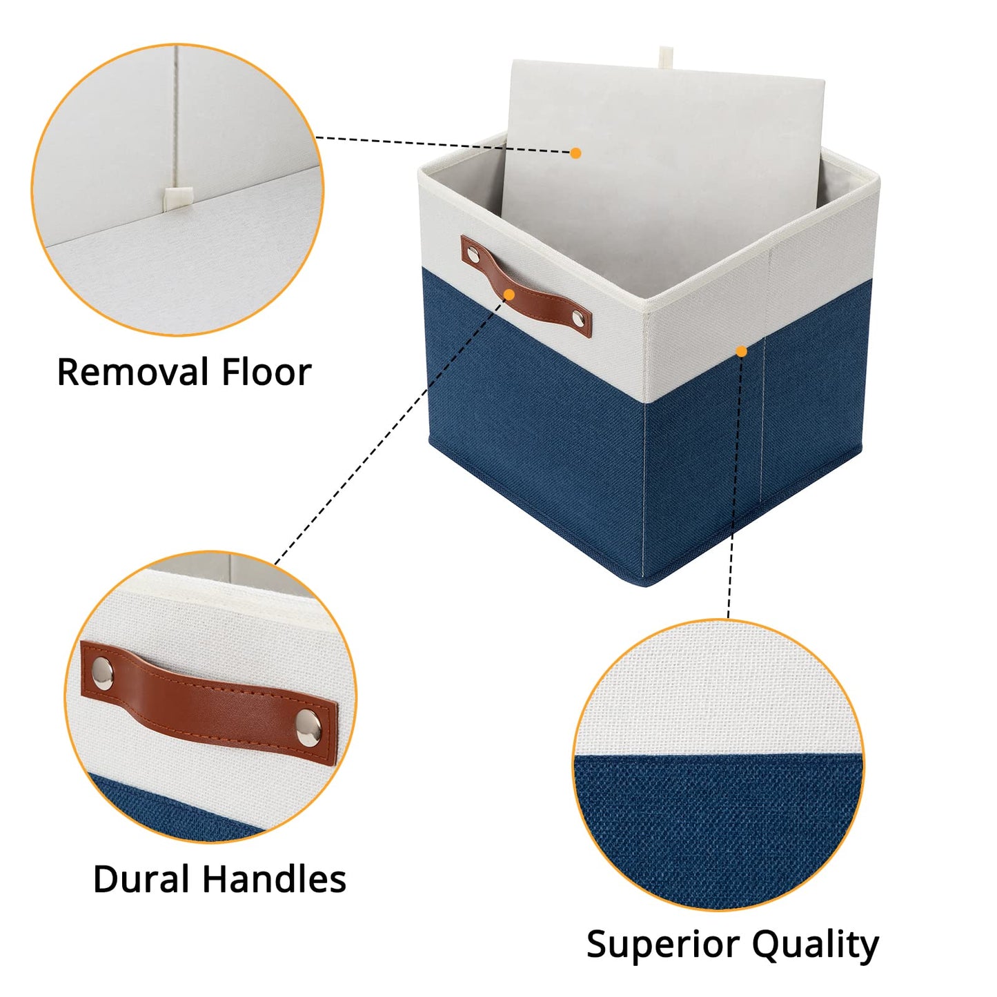 DULLEMELO Fabric Bins for Cube 11x11, Gift Baskets Empty for Boy Girl Mother Father Christmas Festival,Fabric Storage Bins Cube Organizer Baskets With Leather Handles(White&Blue)