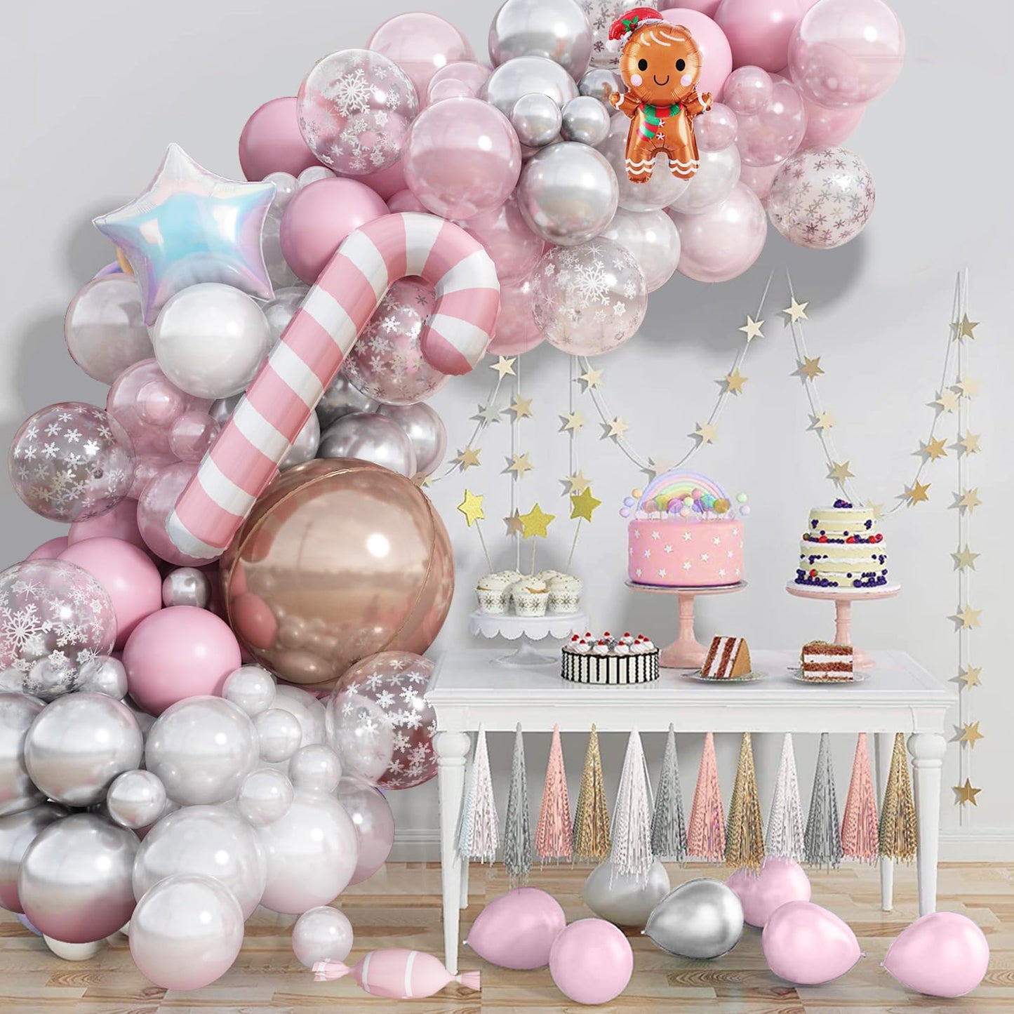 Pink Christmas Decorations Arch Kit, 120 PCS Xmas Balloons with 4D Rose Gold Candy Cane Iridescent Snowflakes, Pastel Pearl Pink Silver Balloons for Gingerbread Decor