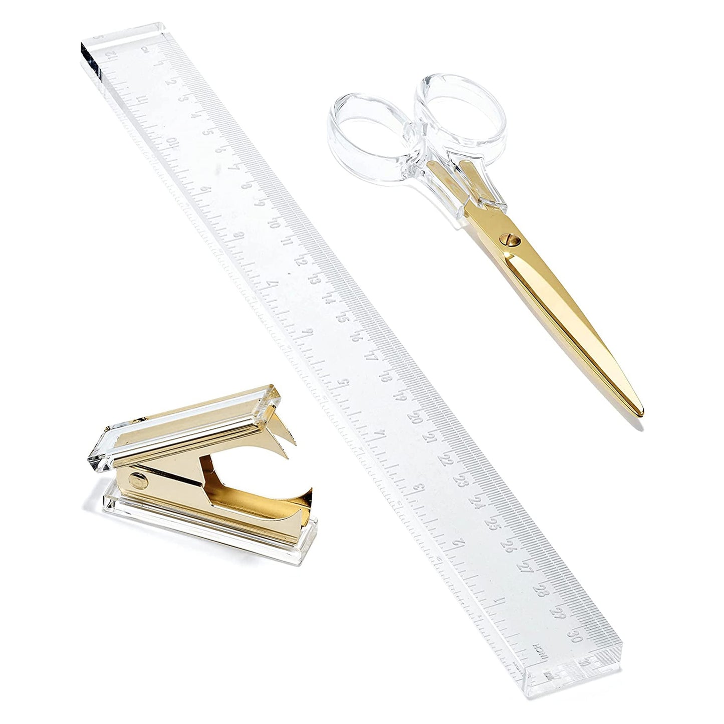 OfficeGoods 3 Piece Acrylic Desk Set - Includes Ruler, Staple Remover, Scissors - Functional & Elegant Desk Accessories - Stationary Tools for Home, Office, and School - Gold