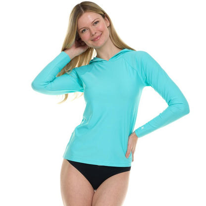 Hurley Rash Guard for Women with Hood, Long Sleeve Hoodie Swim Shirts for Women, Quick Dry UPF 50+ SPF Sun & UV Protection Light Blue