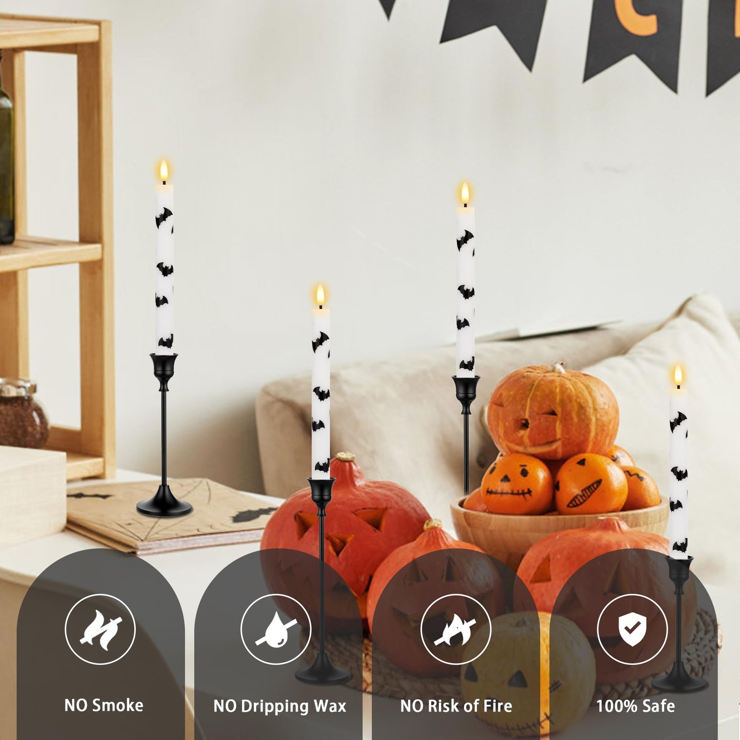 SEHNSY Halloween Flameless Taper Candles with Remote and Timer, 4 Pack Bat LED Flickering 3D Flame Real Wax Candles, Battery Operated Halloween Table Decor for Spooky Indoor Displays