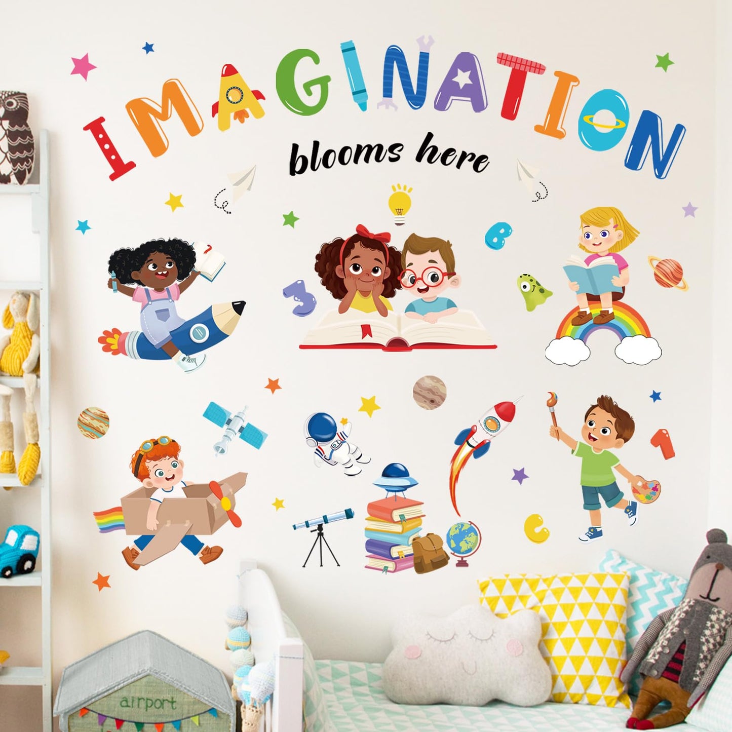wondever Kids Inspirational Quotes Wall Decals Imagination Blooms Here Reading Corner Education Peel and Stick Wall Art Stickers for School Classroom Kids Room