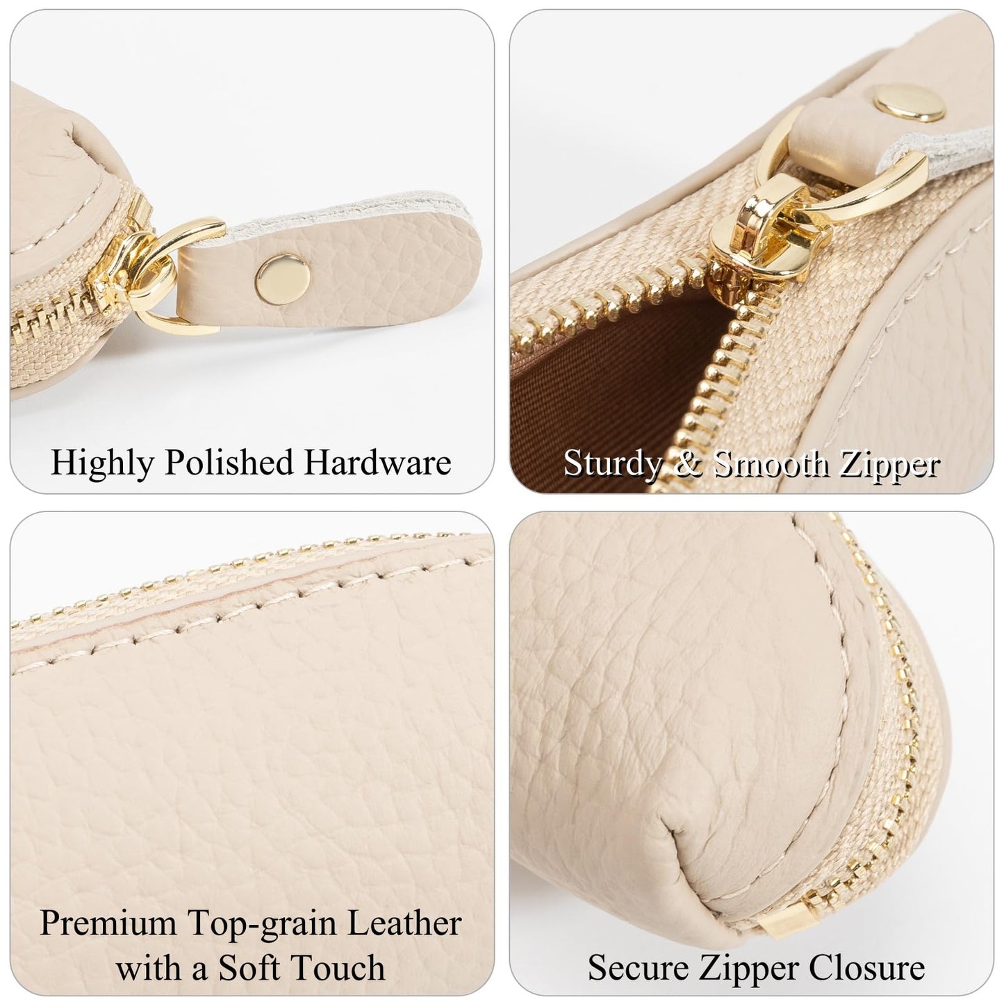 LARENNT Full Grain Leather Coin Pouch - Travel Small Coin Purse with Zipper - Mini Key Pouch Change Purse for Women and Men (Off White)