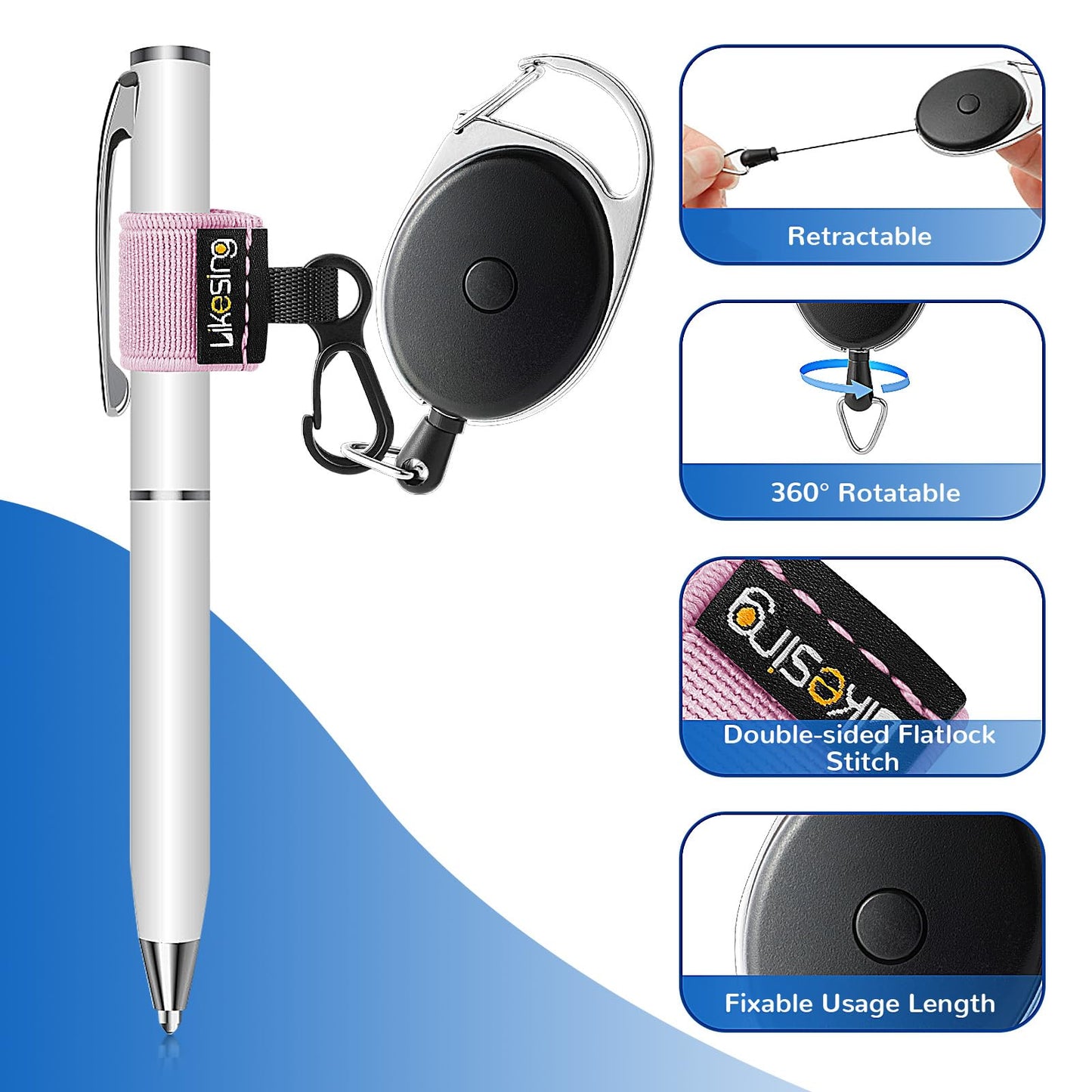 Likesing 4 Black Retractable Pen Holder, 27.5" Reel Elastic Pen Leash Retractable Pencil Holder with 2 Belt Clip for Nurses, Teachers, Waitres, Carpenters, Construction Workers(Black)