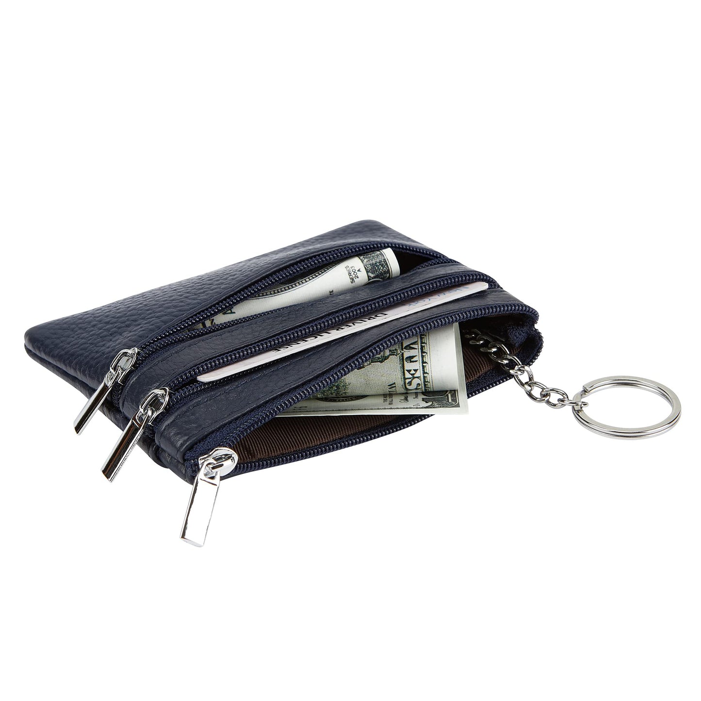 Women's Genuine Leather Coin Purse Mini Pouch Change Wallet with Keychain, navyblue
