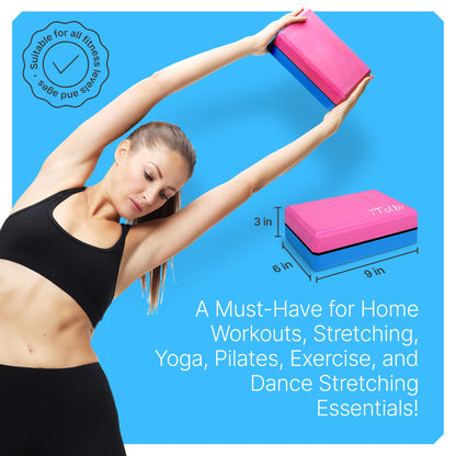 Yoga Blocks 2 Pack with Strap & Guide – Non-Slip EVA Foam Pilates Blocks for Home Workouts, Dance, Ballet, Gymnastics & Stretching Exercise | Ideal Dancer Gifts