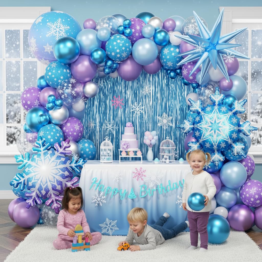 PTGOLUO Frozen Balloon Arch Garland Kit 220pcs, Blue Purple White Balloons with Fringe Curtain Snowflake Balloons Birthday Banner for Winter Wonderland Baby Shower Snow Princess Birthday Party Decor