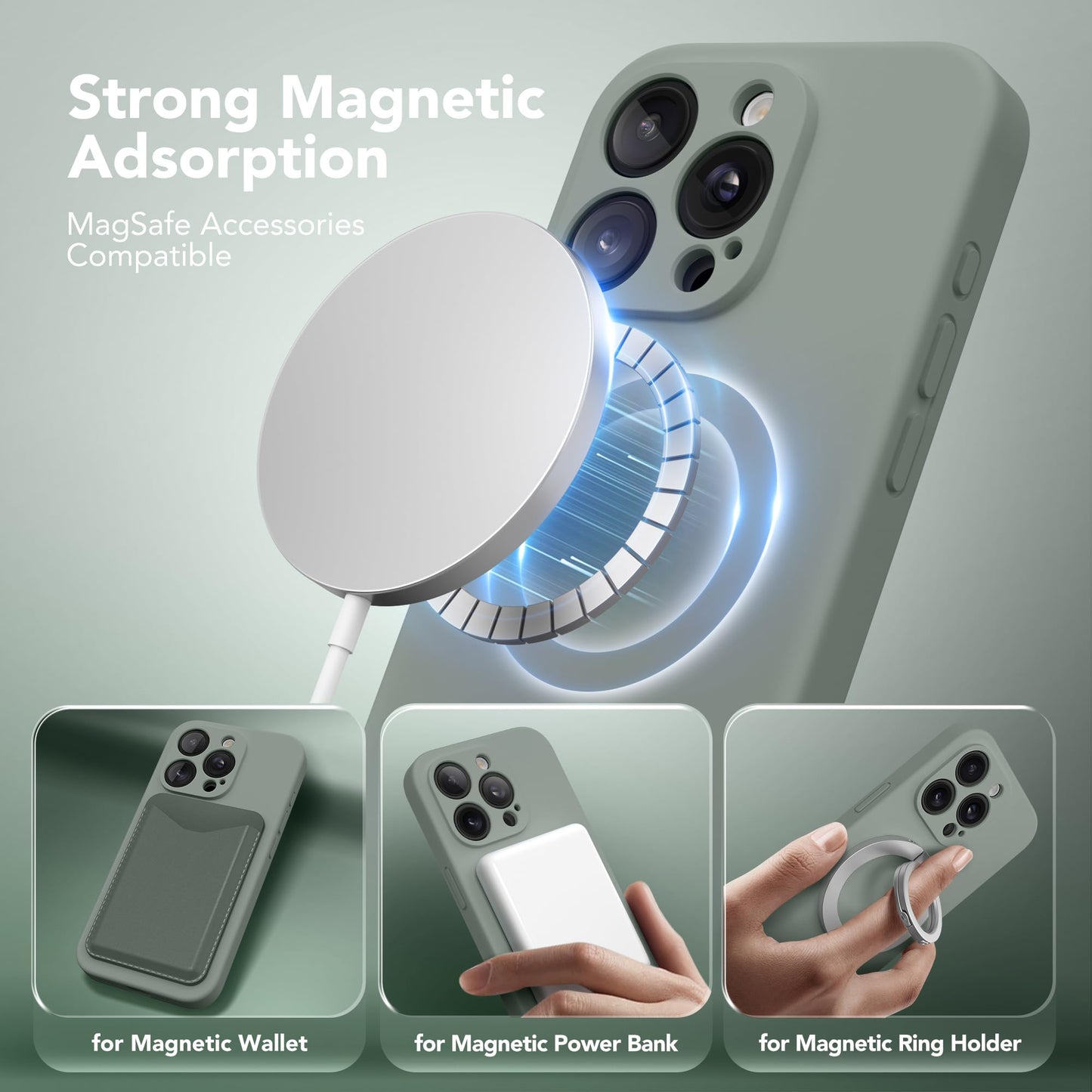 SuydanBox Magnetic for iPhone 15 Pro Max Case, Compatible with MagSafe, [Full Camera Protection][Screen Protector] Silicone Shockproof Protective Phone Case for iPhone 15 Pro Max 6.7", Calke Green