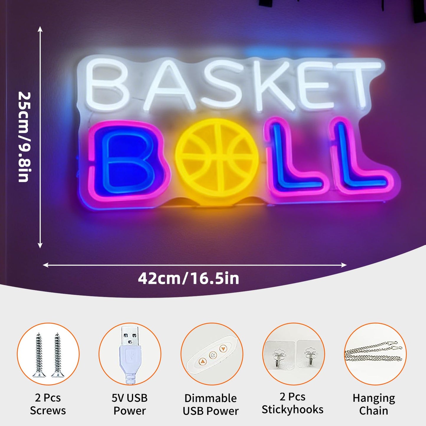 Basketball LED Neon Sign, Sports Theme Light Up Neon Sign, Teen Bedroom Game Room Home Wall Table Decor, Basketball Fan Birthday Party Gift, USB Powered Decorative Light 16.5 x 9.8 In