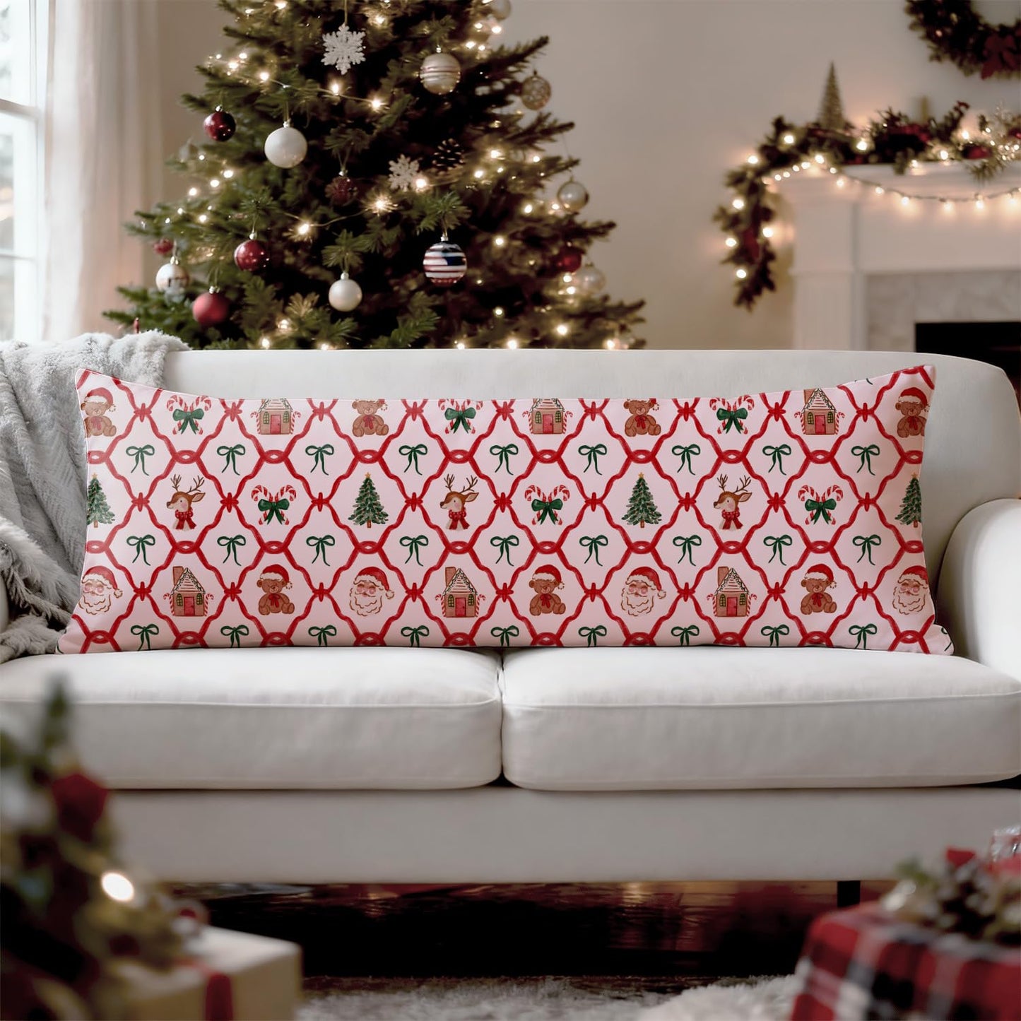 Mancheng-zi Red and Green Christmas Bow Trellis 20x54 Body Pillow Cover Pillowcase with Zipper, Coquette Christmas Decor, Retro Xmas Santa Reindeer Decorative Long Hug Pillow Cases for Bed Couch