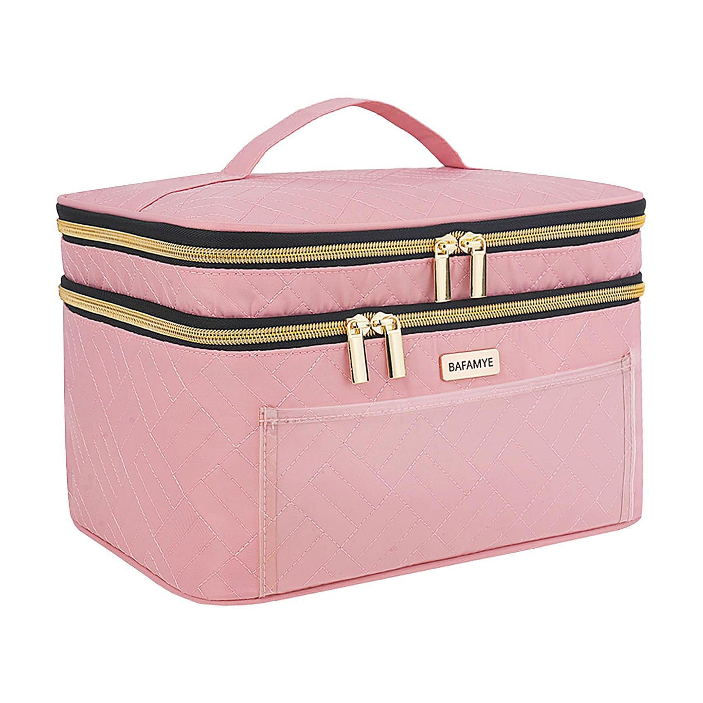 BAFAMYE Double Layer Travel Makeup Bag for Women, Large Cosmetic Case Organizer with Makeup Brush Compartment, Portable Train Case Make Up Bag for Travel-Size