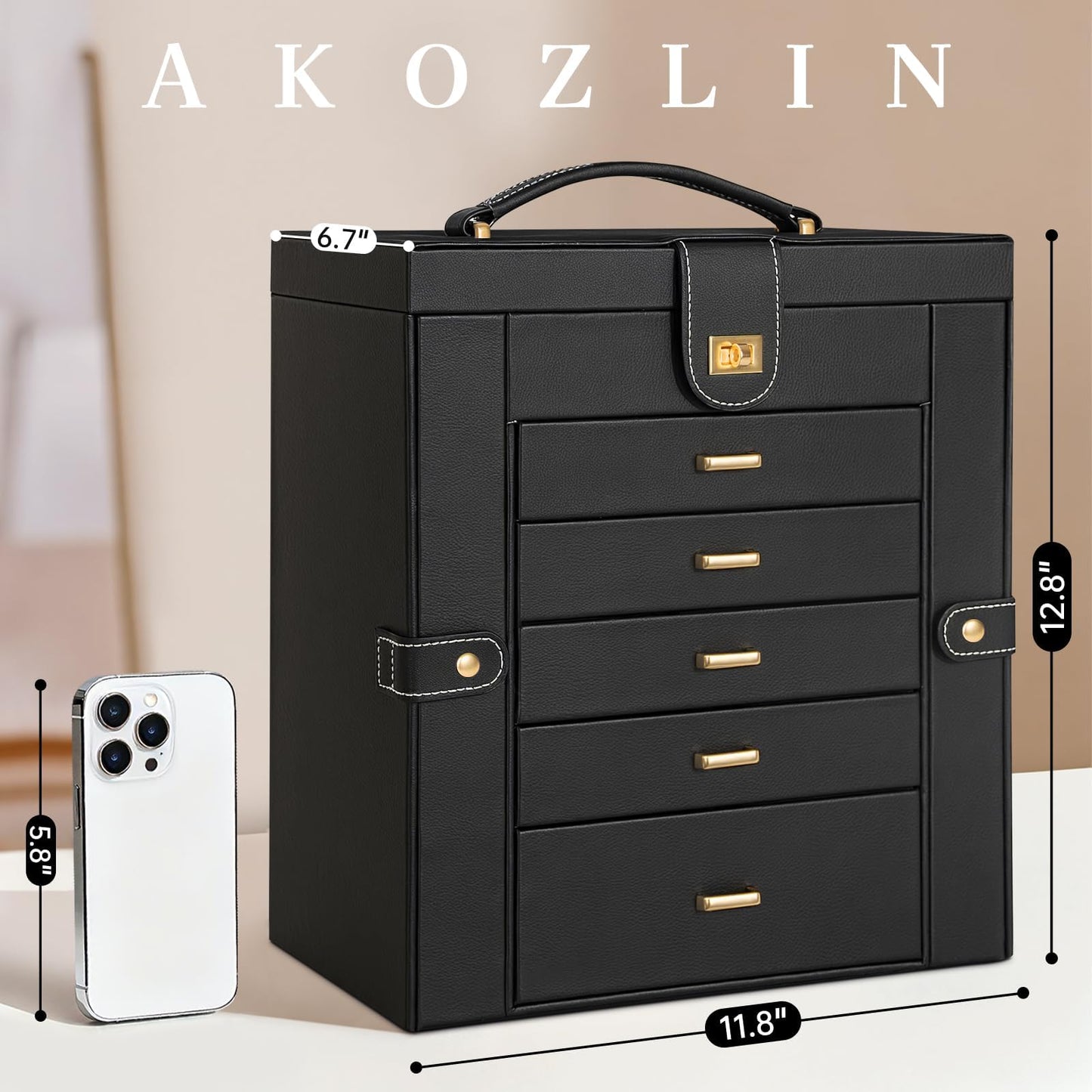 AKOZLIN Huge Jewelry Box Organizer Functional Extra Large Leather Jewelry Storage Case for Women Girls Ring Necklace Earring Bracelet Holder Organizer with Mirror Black