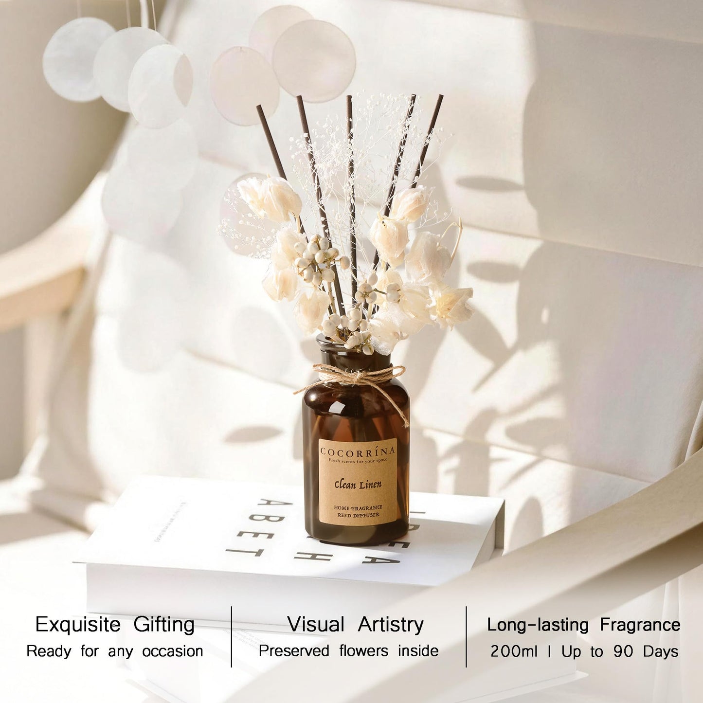Cocorrína Reed Diffuser Set, 6.7oz Flower Reed Diffuser with Real Preserved Flowers - Clean Linen Scented Oil & Sticks - Long Lasting Home Fragrance for Bedroom Bathroom Shelf Decor