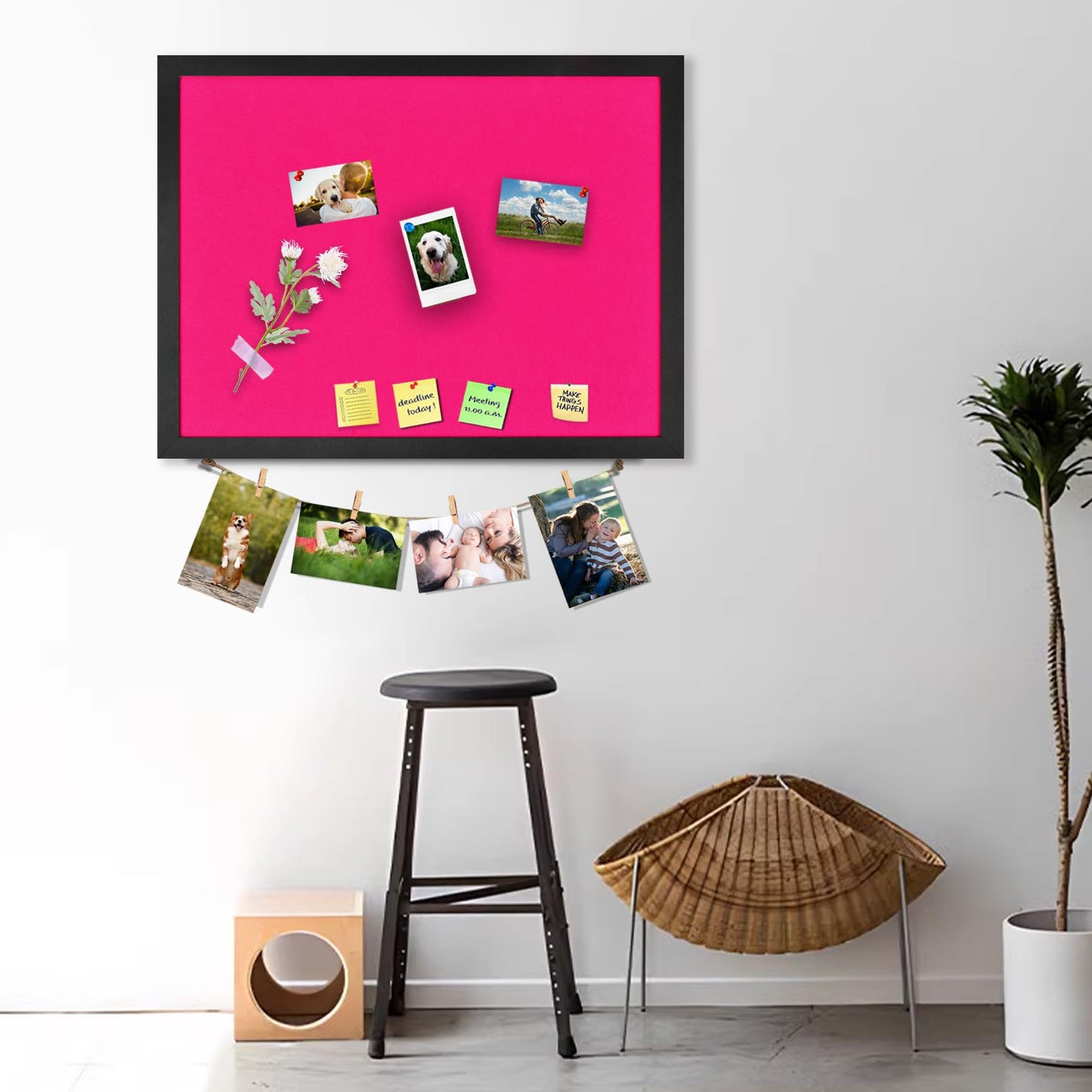 Pink Bulletin Boards Cork Board with Felt, 17"x13" Large Display Pin Board Vision Board for Walls, Jewelry, Notes, Collection, Photos, Office, Wood Framed(Black) & Felt(Pink), 2pc