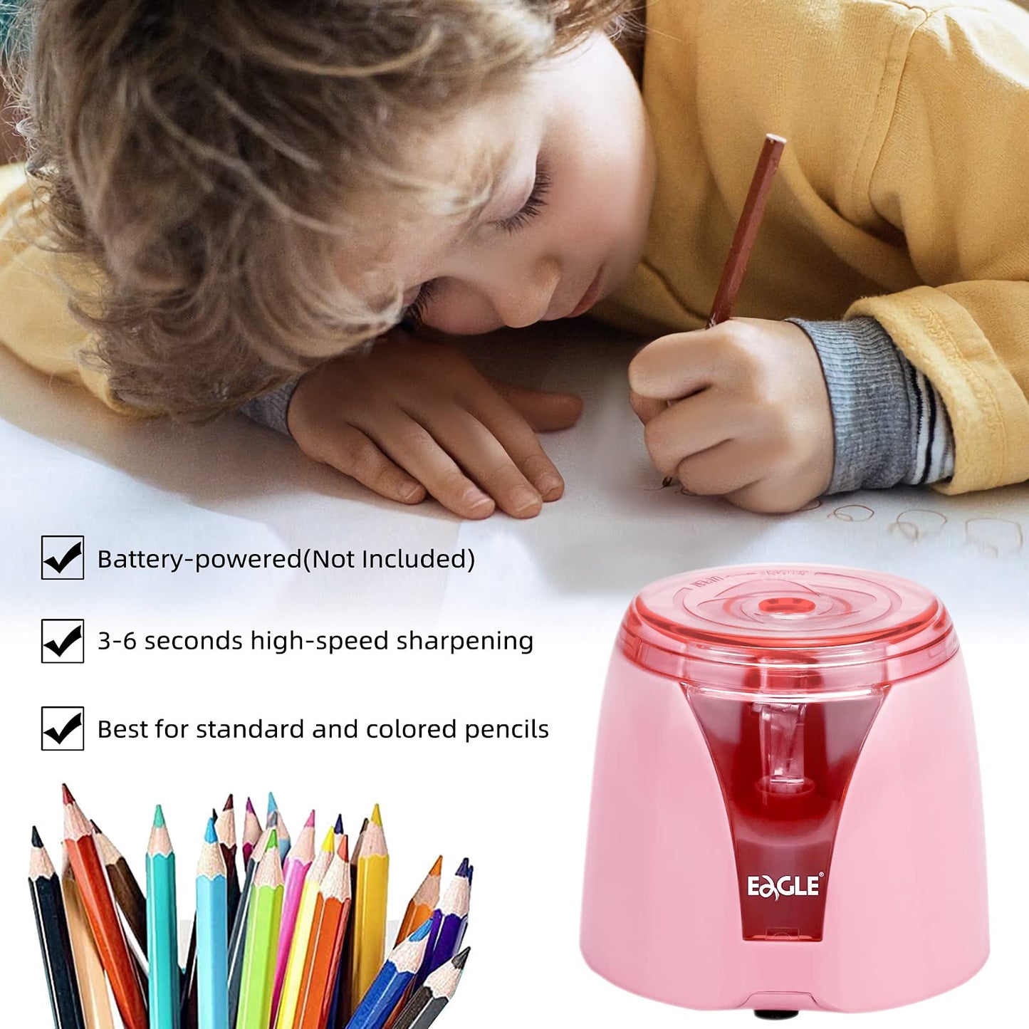 Eagle Electric Pencil Sharpener, Battery Powered, Large Shaving Holders, Carbon Steel Blades, Portable, Reusable and Replaceable Blade, Suitable for Kids, Home, School and Office use (Pink)