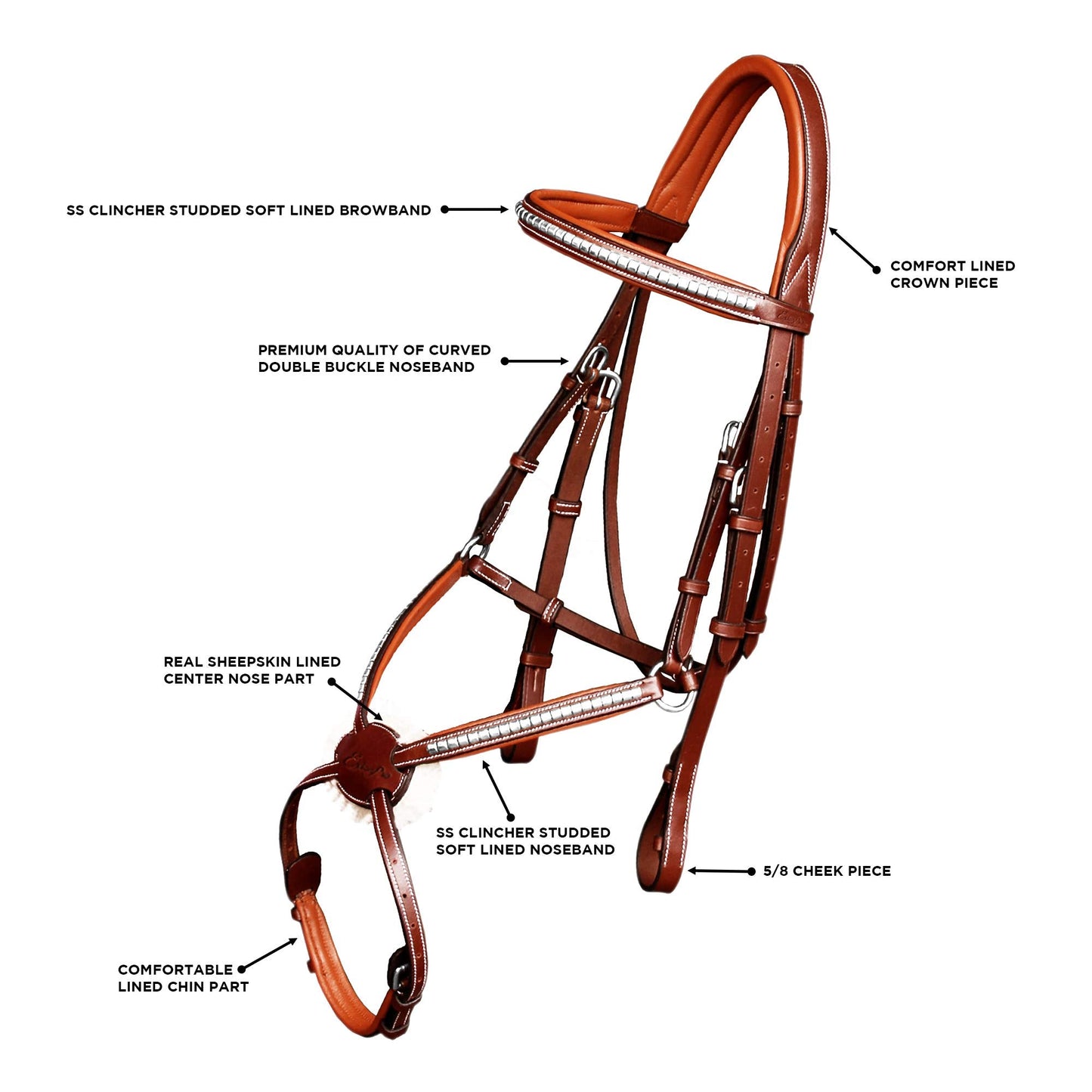 Exion Premium English Leather Bridle for Horses | Silver Clincher Browband & Noseband | Soft Padded Crown Piece Figure 8 Bridle | Adjustable Fit | Non-Slip Rubber Reins | Polished SS Buckles