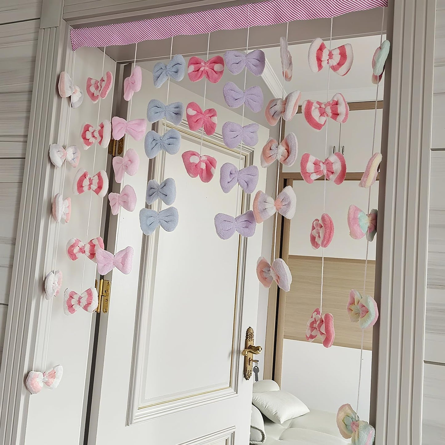 Kynthyre Cute Plush Curtain for Door Window Wall 33" W x 38" L Self-Adhesive Bow Kawaii Curtain for Living Room and Bedroom Decor