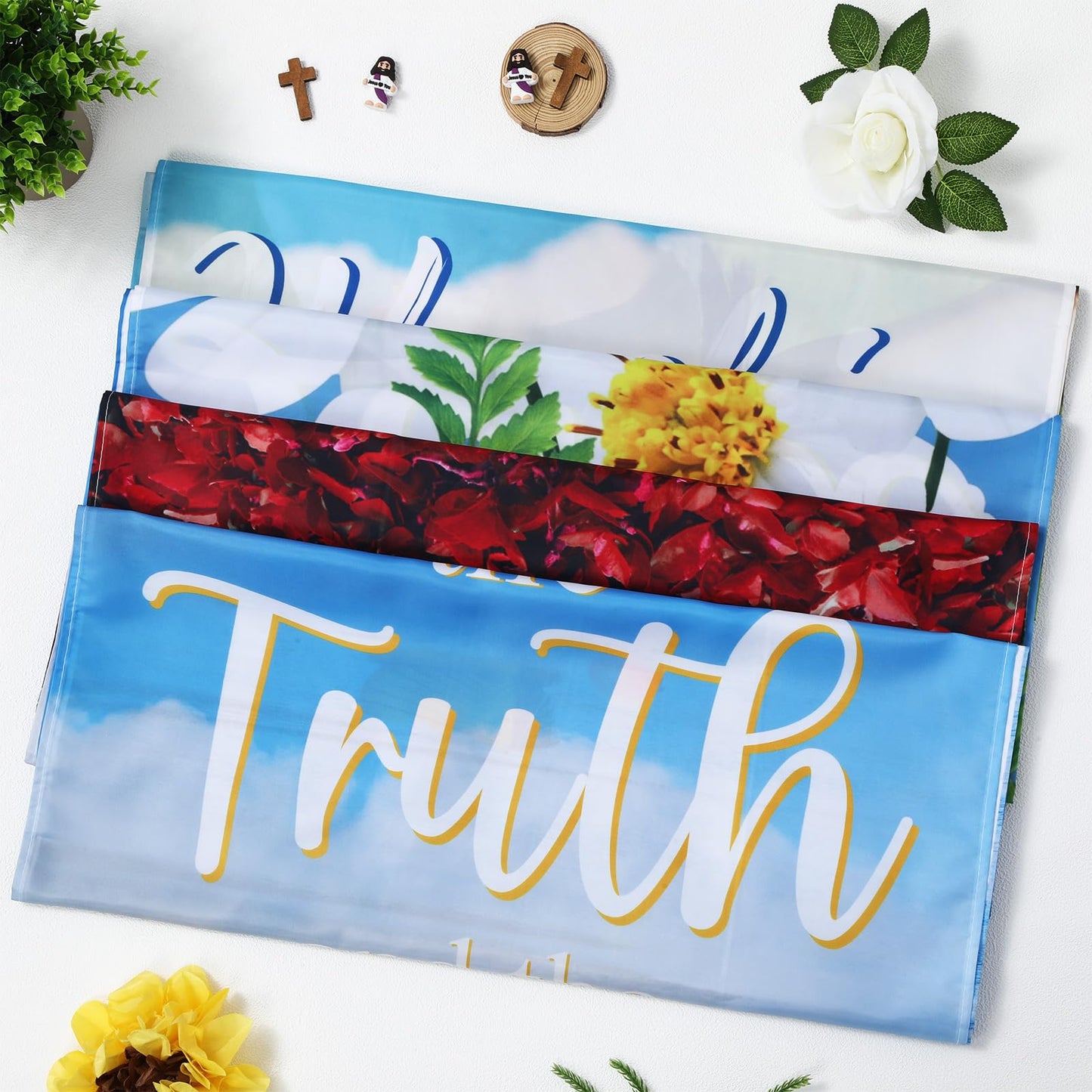4Pcs Church Banners for Sanctuary Wall Welcome Inspirational Religious Banners Hanging Backdrop Fresh Scenic Pattern Church Banner with Scripture Bible Verses Exquisite Banner for Holiday School Decor