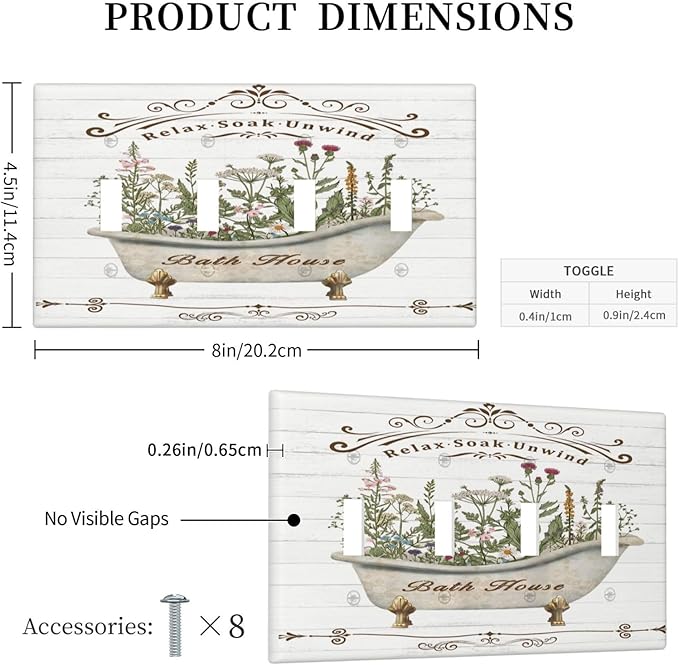 Rustic Farmhouse Wooden Board Botanical Flower Quad Gang Toggle Light Switch Cover 4-Gang Wall Plates Decorative Electrical Switchplate for Home Bedroom Art Decorate