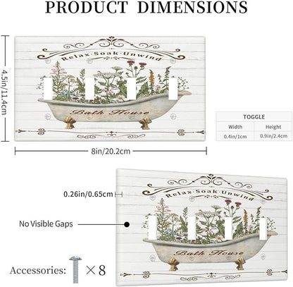 Rustic Farmhouse Wooden Board Botanical Flower Quad Gang Toggle Light Switch Cover 4-Gang Wall Plates Decorative Electrical Switchplate for Home Bedroom Art Decorate
