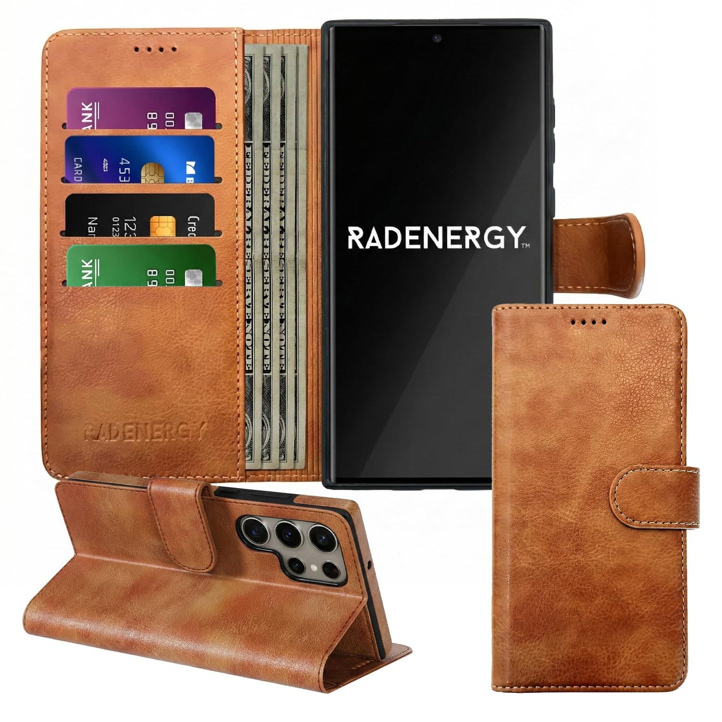 RadEnergy EMF Blocking Leather Phone Wallet Case for Samsung Galaxy A35 5G, FCC-Recognized & NVLAP-Accredited Lab Tested Up to 99% Radiation Reduction, RFID EMF Cell Phone Cover, Removable Case, Brown