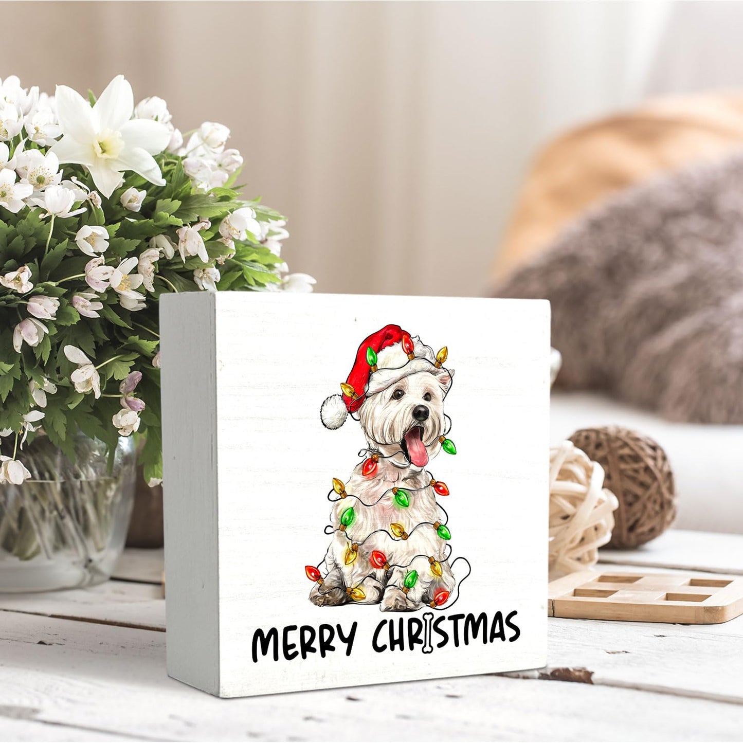OVAcational West Highland White Terrier Christmas Wooden Box Sign Desk Decor, Westie Dog Lover Gifts, Christmas Dog Wood Block Sign for Home Office Desk Table Shelf Wall Decorations, 5x5 Inch