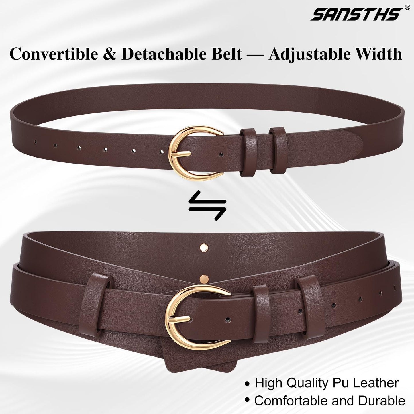SANSTHS Belt for Women 2-in-1 Waistband for Dress Coats Pants, Women Wide Leather Belt with Fashion Buckle, Coffee S