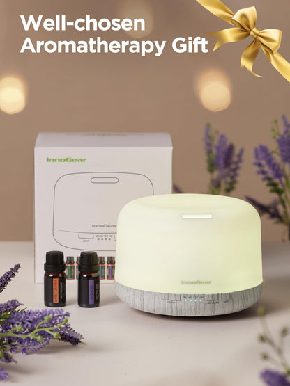 InnoGear Aromatherapy Diffuser & 10 Essential Oils Set, 500ml Essential Oil Diffuser with Remote Control Ultrasonic Cool Mist Scent Humidifier Vaporizer Auto-Off Timer for Room Office Home, Yellow