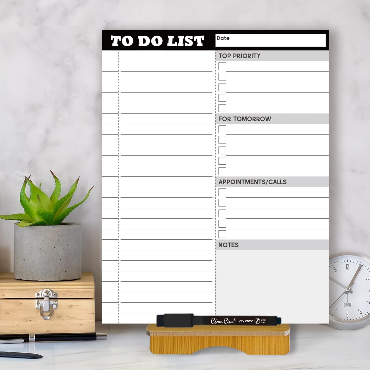 Dry Erase Desk Planning Board - Reusable Desktop Daily Planning Board, Work to-do List - 11"x8.5" Tabletop Dry Erase Board with Stand - Marker Included