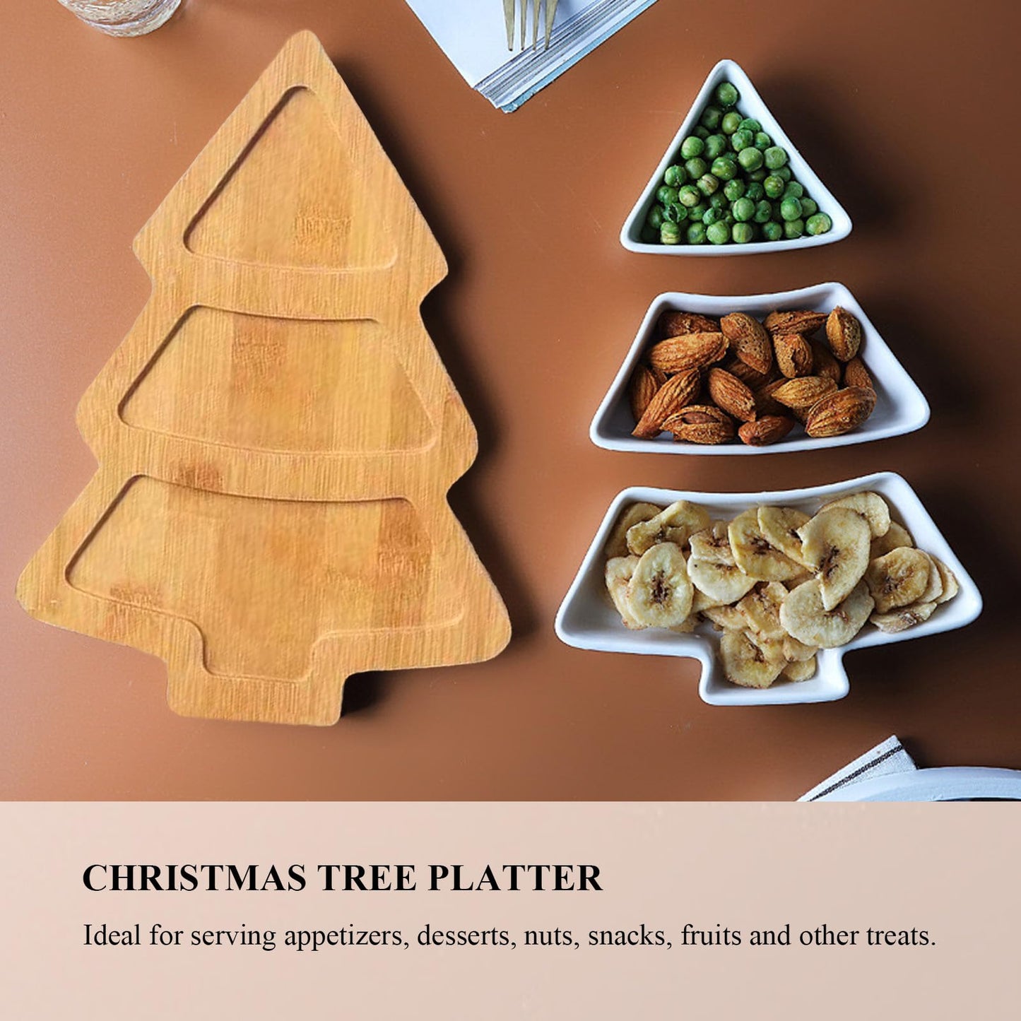 Qancesd Christmas Tree Shaped Platter Ceramic Dinner Plates with Wood Tray Christmas Tree Dishes Decorative Food Serving Tray for Appetizer Snack