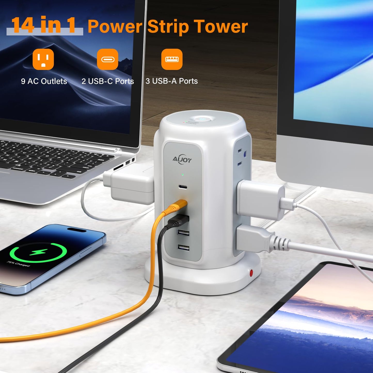 AiJoy Flat Plug Power Strip Tower 9 Outlets and 5 USB Ports (2 USB-C), 1200J Surge Protection, 6.5ft 1625W Extension Cord Charging Station for Home, Office Supplies, Dorm Essentials