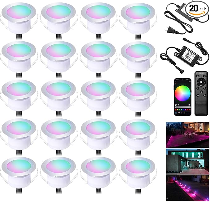 INDARUN Outdoor Deck Lights Waterproof 20 pcs, 12V Low Voltage LED Recessed Deck Lights Φ1.22 RGB Deck Lamp with Remote, Alexa/Google Compatible, Outdoor Step Stair Lights for Floor Landscape Lighting