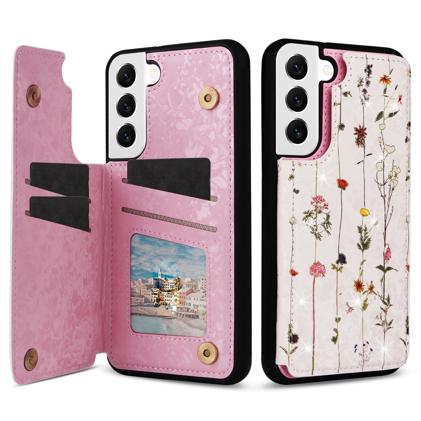 UEEBAI Wallet Case for Samsung Galaxy S22 5G with Card Holders, PU Leather Cover Kickstand RFID Blocking Double Magnetic Clasp Rilievo Flower Shockproof Flip Case for Women Girls - Tree Vine
