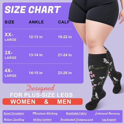 Tinojye 4 Pairs Plus Size Compression Socks,Extra Wide Calf 20-30 mmHg Knee High Compression Socks for Men Women Circulation