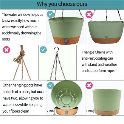 WIZROL 2 Pack Hanging Planters, 10 inch Indoor Outdoor Hanging Plant Pot Basket, Hanging Plastic Flower Pot with Drainage Hole with Removable Tray&Hooks for Hanging Plants,Green