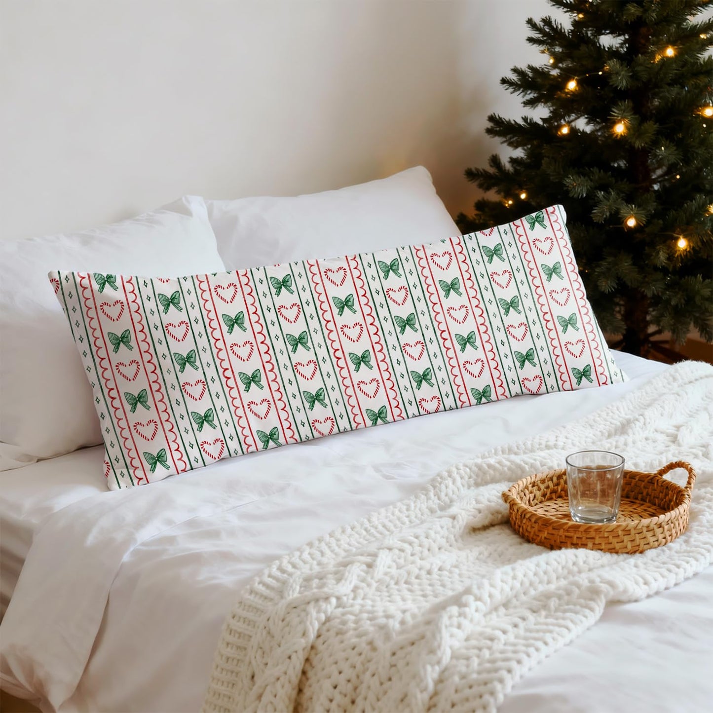 Mancheng-zi Coquette Bow Candy Cane Christmas 20x54 Body Pillow Cover Pillowcase with Zipper, Preppy Girly Christmas Decor, Retro Red and Green Xmas Decorative Long Hug Pillow Cases for Bed Couch