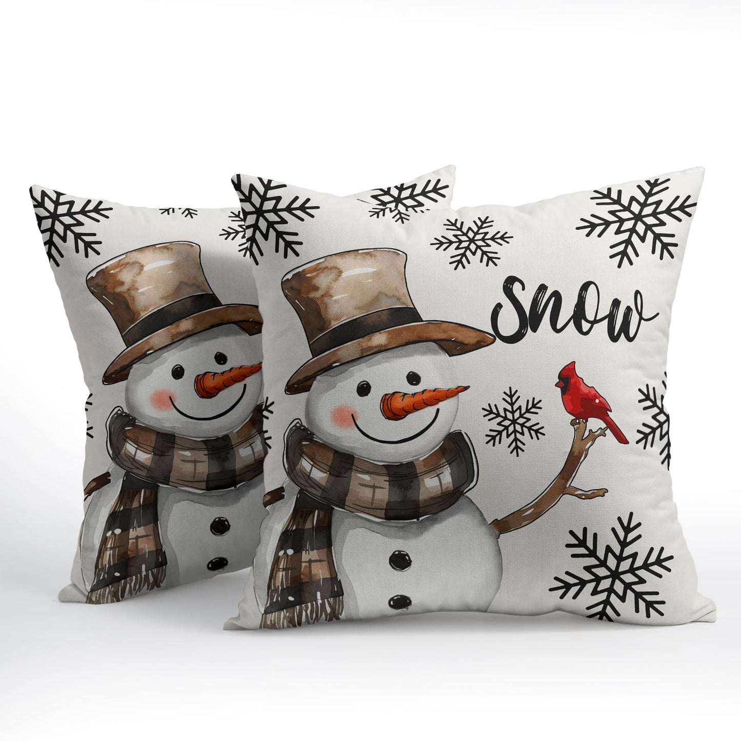 Snowman Throw Pillow Cover Christmas Pillowcase 18x18 Inch Set of 2 Snowflake and Red Cardinal Bird Decorative Cushion Cover Winter Holiday Pillow Protector for Home Sofa Bedroom Decor
