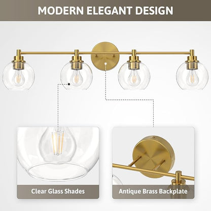 VONLUCE Bathroom Light Fixtures, 4-Light Vanity Light with Globe Glass Shades E26 Sockets, Bathroom Lights Over Mirror for Bedroom Hallway Living Room, Gold Finish